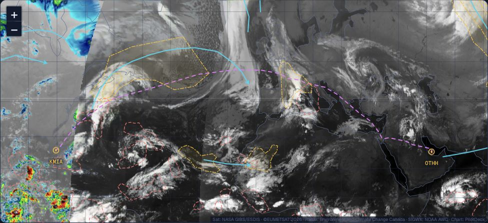 PilotDeck weather map: MIA to DOH route over satellite imagery, with clouds, turbulence and jet streams.